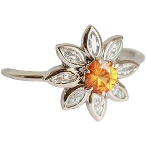 Awmnjtmgpw 925 Sterling Silver Sunflower Ring Yellow Topaz and Yellow Protein Diamond Ring Eternal Sunflower Flower Square Zircon Stackable Ring Women's Ring size6-10 (Size 6)