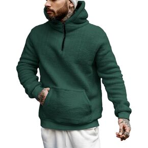 Runcati Mens Sherpa Fleece Hoodies Pullover Quarter Zip Casual Hooded Chunky Fall Winter Warm Sweatshirt