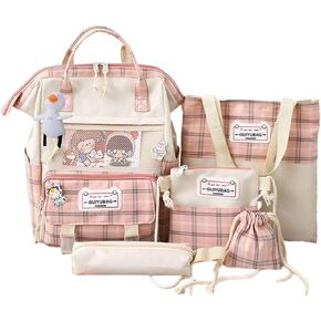 Hopecn Kawaii Plaid Backpack Set 5Pcs Women Cute Sage Green Aesthetic Bag School Bookbag Daypack Over 6 Years Old.