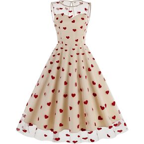 IBAKOM Women Sleeveless Floral Embroidery Mesh Neck Dress Vintage 50s Keyhole Heart Print Swing Party Dress