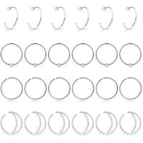 Lcolyoli 24PCS 22G Surgical Steel Moon Nose Rings Hoop Nostril Septum Ring Piercing Jewelry for Women Men 8mm 10mm