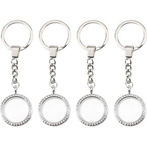 WANDIC Rhinestone Photo Charm Keychain, Round Memory Locket Key Chain Bridal Wedding Bouquet Charms for Photo or Decoration