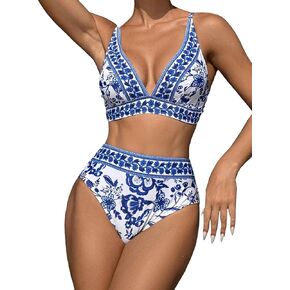 Floerns Women's 2 Piece Boho Floral Print V Neck Bra and High Waist Bottoms Bikini Set