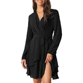 Women's Wrap V Neck Dress Long Sleeve High Waist Tie Ruffle Swing Skater Casual Dresses