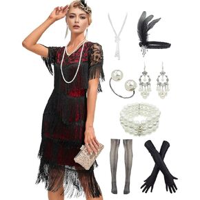 1920s Long Tassel Sleeve Flapper Beaded Great Gatsby Fringed Sequins Dress for Prom Party with 20s Accessories Set
