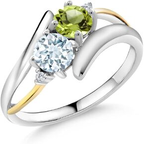 Gem Stone King 925 Silver and 10K Yellow Gold Green Peridot and Sky Blue Aquamarine with Lab Grown Diamond 2 Stone Crossover Women Ring (1.07 Cttw, Available in size 5, 6, 7, 8, 9)
