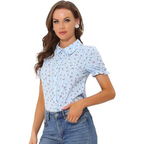Allegra K Women's Short Sleeve Frilled Cotton Floral Peter Pan Blouse