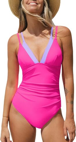 بدلة سباحة نسائية من قطعة واحدة من CUPSHE برقبة على شكل حرف V وأشرطة قابلة للتعديل وفتحة خلفية مكشكشة ومكتلة بالألوان in Kuwait