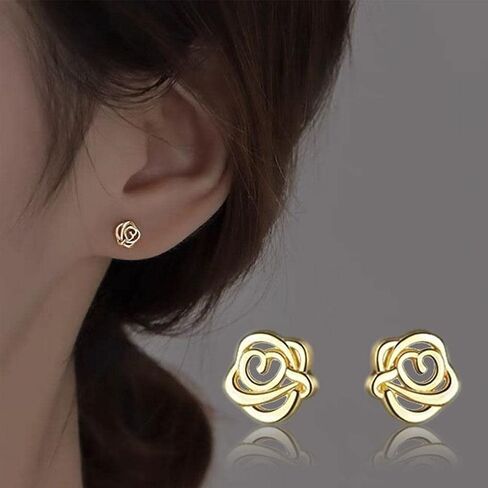 14K وردة ذهبية قرط صغير زهري للنساء الجوف زهرة أقراط مرصعة الذهب الأصفر مربط القرط مجموعة للزوجة الأم in Kuwait