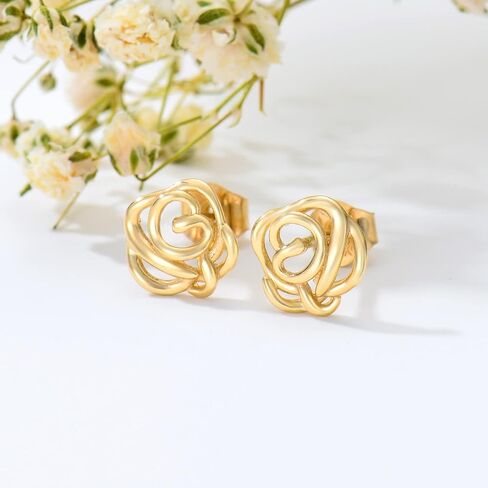 14K وردة ذهبية قرط صغير زهري للنساء الجوف زهرة أقراط مرصعة الذهب الأصفر مربط القرط مجموعة للزوجة الأم in Kuwait