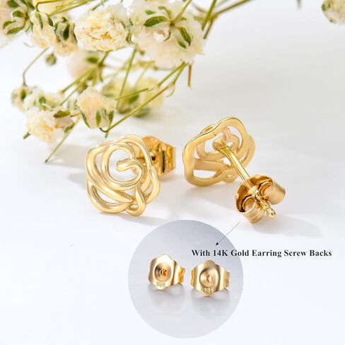 14K وردة ذهبية قرط صغير زهري للنساء الجوف زهرة أقراط مرصعة الذهب الأصفر مربط القرط مجموعة للزوجة الأم in Kuwait