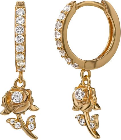 Disney Beauty and the Beast Flash Plated Sterling Silver Cubic Zirconia Huggie Hoop Earrings, Official License in Saudi Arabia