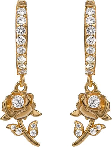 Disney Beauty and the Beast Flash Plated Sterling Silver Cubic Zirconia Huggie Hoop Earrings, Official License in Saudi Arabia