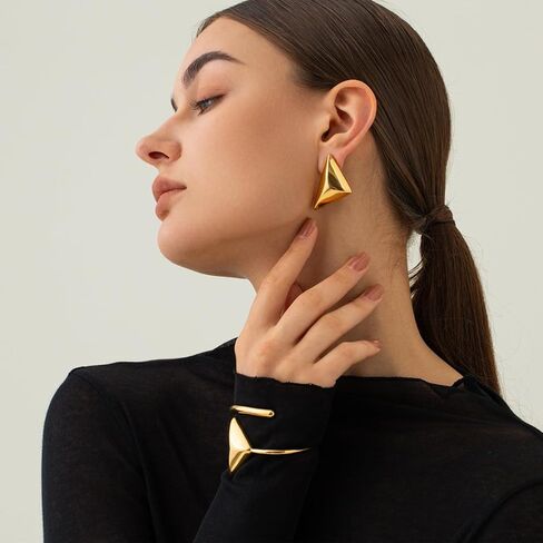 Chunky Gold Drop Earrings for Women Large Geometric Long Triangle Statement Earrings Trendy Dangle Earrings Gold Plated Hypoallergenic Open Hoop Earrings for Girls Fashion Jewelry in Kuwait