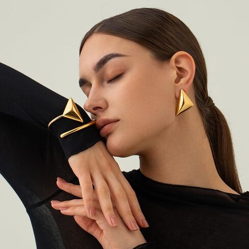 Chunky Gold Drop Earrings for Women Large Geometric Long Triangle Statement Earrings Trendy Dangle Earrings Gold Plated Hypoallergenic Open Hoop Earrings for Girls Fashion Jewelry in Kuwait