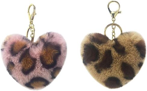 2 Pcs Heart Shaped Pom Pom Faux Fur Ball Leopard Pattern Keychain Key Rings for Car Handbag Tote Bag Pendant Gift for Girls Women in Saudi Arabia