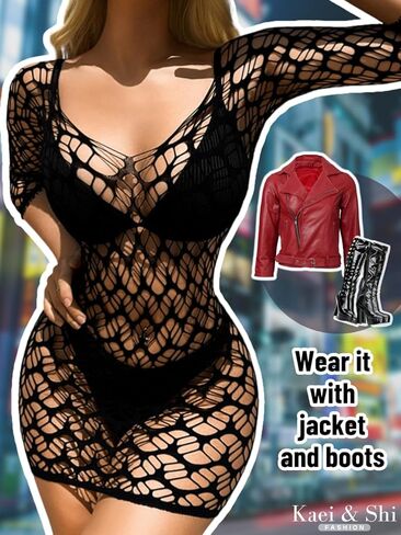 Kaei&Shi Sexy Outfits, Hollow Out, Sheer Mesh, Bodycon Mini Dress in Saudi Arabia