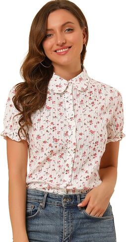 Allegra K Women's Short Sleeve Frilled Cotton Floral Peter Pan Blouse in Saudi Arabia