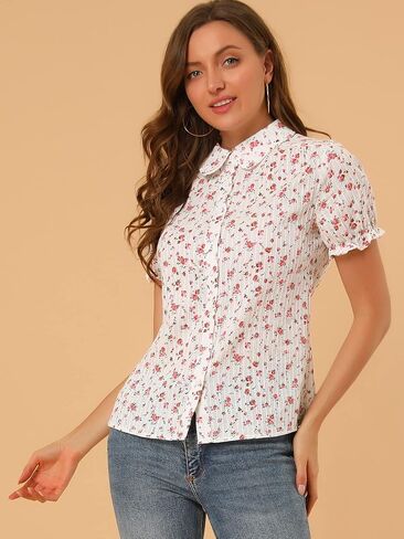 Allegra K Women's Short Sleeve Frilled Cotton Floral Peter Pan Blouse in Saudi Arabia