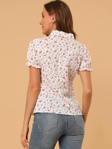 Allegra K Women's Short Sleeve Frilled Cotton Floral Peter Pan Blouse in Saudi Arabia