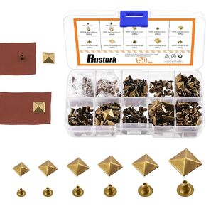 Rustark 150 Sets 6 Sizes 6mm 7mm 8mm 9mm 10mm 12mm Antique Brass Pyramid Rivet Square Leather Rivets Kit Metal Studs Pyramid Rapid Rivet Studs Assortment Kit for DIY Leather Craft Decorations