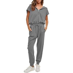 AOHITE Womens Summer Casual Jumpsuits Zipper V-Neck Sleeveless Hooded High Waist Jumpsuit Romper With Pockets