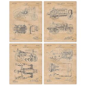 Vintage Tractor Farming Patent Prints, 4 (8x10) Unframed Photos, Wall Art Decor Gifts Under 20 for Home Office Garage Shop Man Cave Teacher Student Rancher Farmer Country Cowboys John Deere Fan