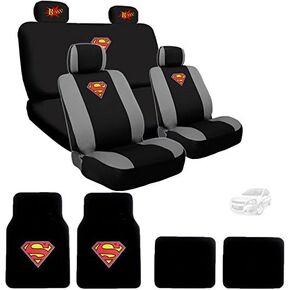 Ultimate Superman Car Seat Covers Floor Mats Set from BDK Bundled with Classic BAM! Logo Headrest Covers
