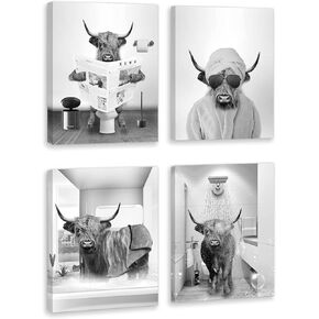 HPNIUB Funny Cow Wall Art in Bathtub, Black and White Canvas Bathroom Picture Set Of 4 Piece (8x10inch,Framed) Vintage Humor Animals Bathroom Farmhouse Artwork For Kids Bathroom Decor