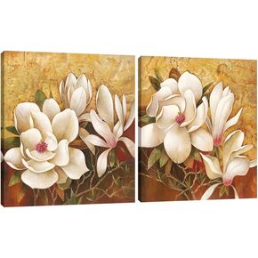 Pyradecor Magnolia Flowers Modern 2 Piece Stretched Floral Canvas Prints Oil Paintings Artwork Style Brown Pictures on Canvas Wall art for Living Room Bedroom Home Decorations