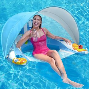 Pool Floats Adult with Canopy, XL Floaties for Adults, Inflatable Pool Floats with Cup Holder, Adult Floating Chair Lounger for Swimming Pool, Beach, Lake