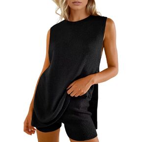 Womens Summer Matching Set 2 Piece Sweater Sets Knitted Sleeveless Top Shorts Set 2 Piece Beach Outfits Clothes