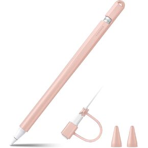 Fintie Silicone Sleeve Compatible with Apple Pencil 1st Generation, Ultra Light Pen Skin Case Cover Soft Protective Pencil Grip Holder with 2 Nib Covers & Cable Adapter Tether, Black