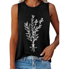 ORANDESIGNE Womens Flower Print Crewneck Tank Tops Graphic Curved Hem Sleeveless Tops Summer Casual Loose Fit Shirts
