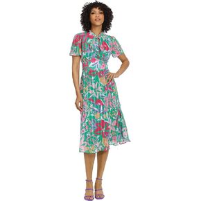 Maggy London Women's Floral Printed Neck Tie Short Sleeve Midi Dress