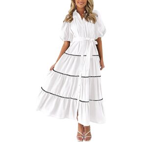 Women's Dress Casual Long Dress Summer Button Down Shirt Dress Short Puffy Sleeve Tiered Ruffle Flowy Long Maxi Dresses