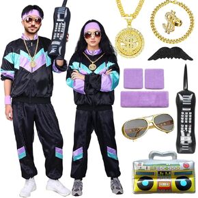 80s Tracksuit Costume for Men Women, 90s Retro Hip-Hop Costume Jacket Shell Windbreaker Party Dress Glasses Sweatband