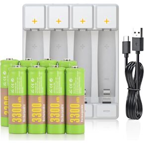 Rechargeable Lithium aa Batteries with Charger - 1.5v Rechargeable aa Batteries 3300mWh 8-Pack with 4 Bay Type C 2H Fast Charger