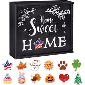 WERNNSAI Home Sweet Home Sign - Interchangeable Holiday Decor with 12 Piece Wooden Changeable Holiday Magnets Seasonal Icon Wood Sign for Desktop Shelf Kitchen Bedroom Independence Day