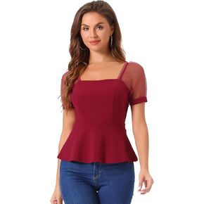 Allegra K Women's Square Neck Mesh Sheer Sleeve Peplum Tops