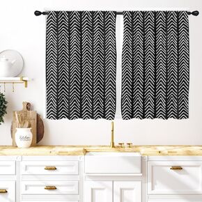 Coxila Black and White Kitchen Window Curtains 27.5 x 39 Inch Small Short Mini Cafe Rod Pocket Geometric Herringbone Chevron Living Bedroom Room Home Treatment Set of 2 Curtain Panels Drapes Tiers