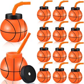 Nuanchu 12 Sets 14 oz Basketball Cups with Straws and Lids Plastic Ball Cups Reusable Basketball Party Cups Bulk Basketball Party Favor for Kids Birthday Sports Theme Party Supplies