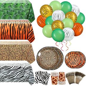 169 Pieces Jungle Safari Zoo Animal Print Birthday Party Supplies Including Party Paper Plates Leopard Giraffe Cups Napkins Jungle Tablecloth Cheetah Table Cover Balloons Spoons Forks Party Decoration