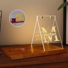 YuanDian Personalized Light Up Book Stand with Mug Rest and Slot, Acrylic Triangle Book Holder Stand with Wooden Base for Page Rest, USB Powered, Home Office Decor, Gift for Readers Teachers Family