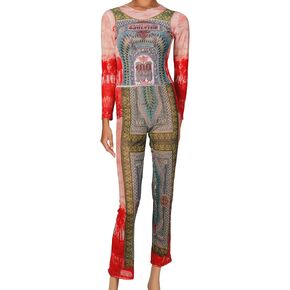 Women Summer Mesh Printed Crop Top Shirt Long-Sleeved Slim Cool T-Shirts Modern Punk Street Tops Green-Stripe