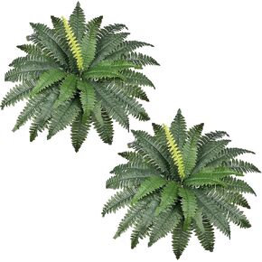 Artificial Boston Ferns Greenery Bush for Indoors Outdoors, Set of 2 Bouquets 30" Diam Large Fake Silk Faux Ferns Flowers Shrub for Hanging Plant Home Garden Windowsill Porch Home Decor Arrangement