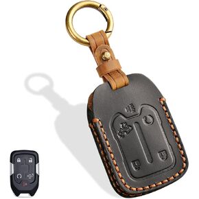 5-Button Leather Key Fob Cover, Compatible with GMC Acadia Terrain Sierra, Fit for Chevy Silverado 2019-2022, No Screw Design Retro Style Smart Key Holder Protector(Black)