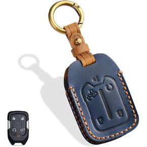 5-Button Leather Key Fob Cover, Compatible with GMC Acadia Terrain Sierra, Fit for Chevy Silverado 2019-2022, No Screw Design Retro Style Smart Key Holder Protector(Black)
