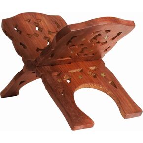 AnNafi® Wooden Book Holder Stand | Rehel/Rehal for Quran Geeta Bible | Indian Book Holders for Reading Hands Free for Desk Gold Stickers | Holy Book Stand Prayer Wood Islam Decor Handmade Gifts