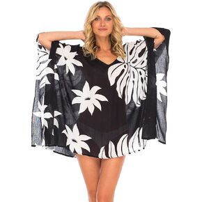SHU-SHI Womens Short Beach Swimsuit Cover Up Poncho Dress Kaftan Loose Top Floral